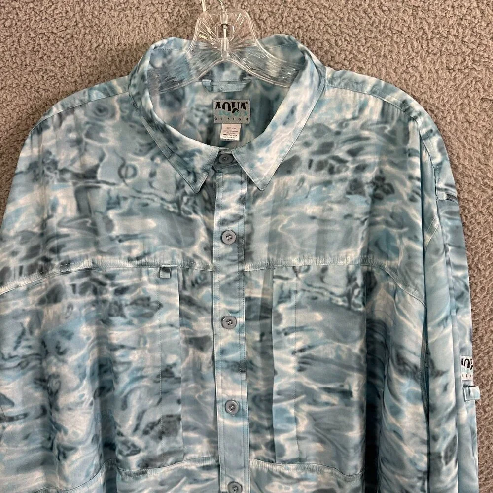 Aqua Design Aqua Shield UPF 50+ Fishing Shirt 2XL Blue Water Camo Vented Pockets
